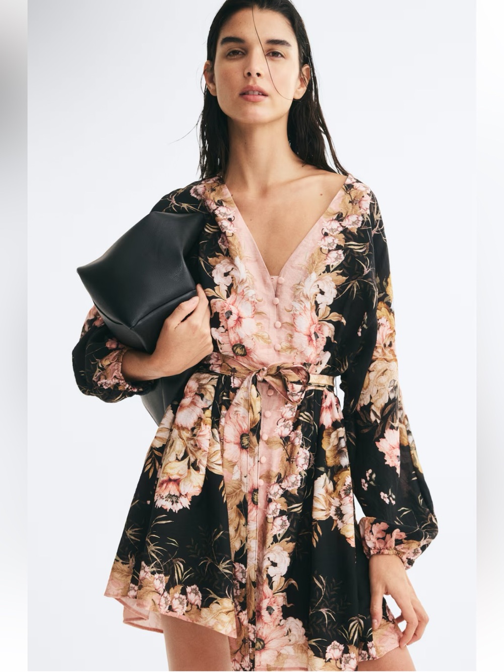 H&M NWT BLACK FLORAL TIE-BELT TUNIC DRESS SIZE MEDIUM